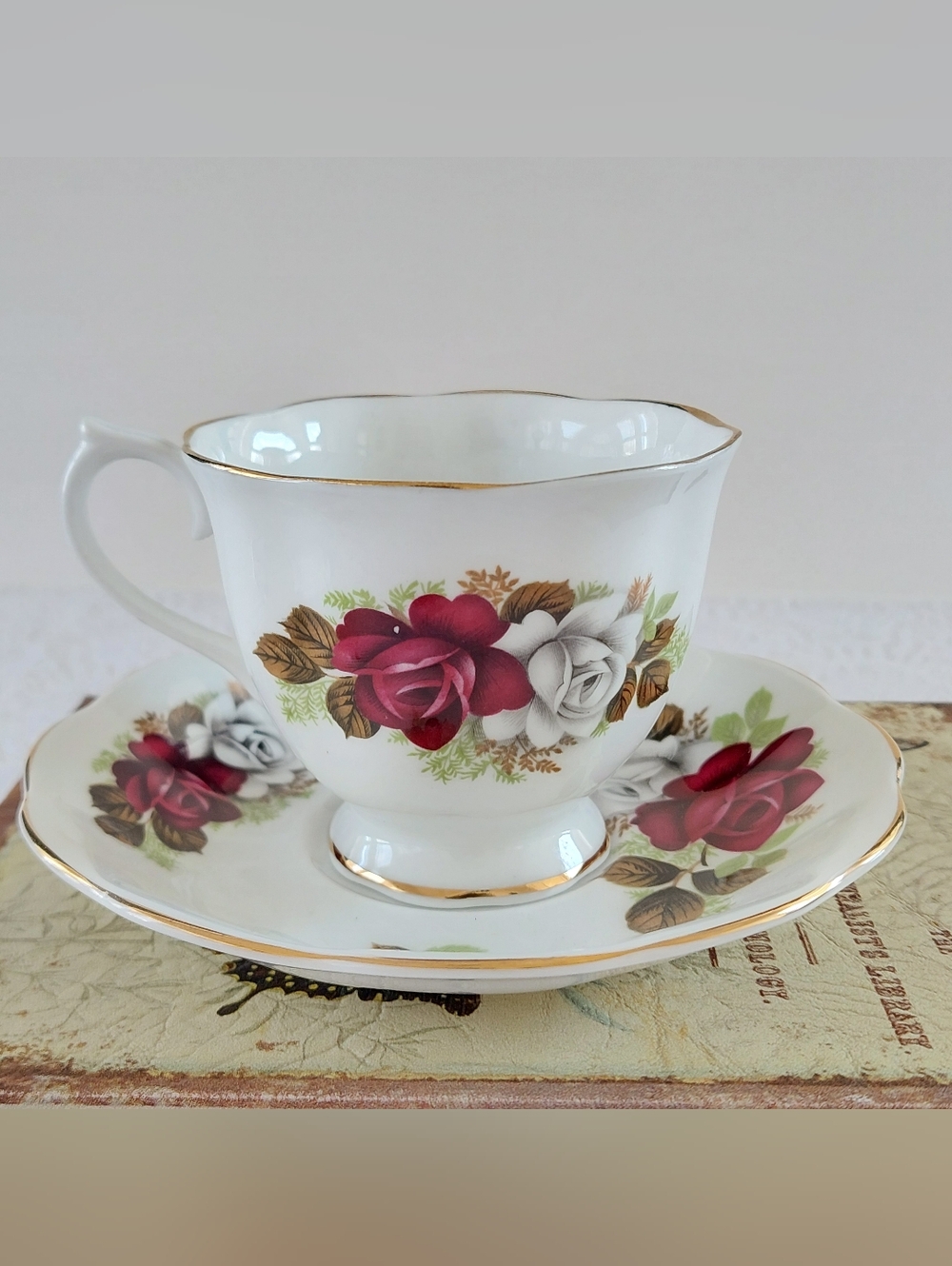 Royal Albert Red and White Roses Teacup Saucer English Bone China Tea Set 1960s